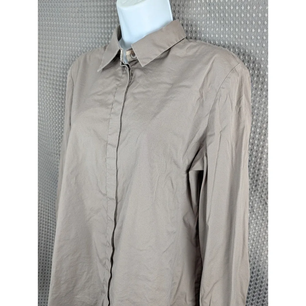 Lafayette 148 New York Womens L Taupe Button Up Shirt Stretch Hidden Placket - Picture 3 of 14